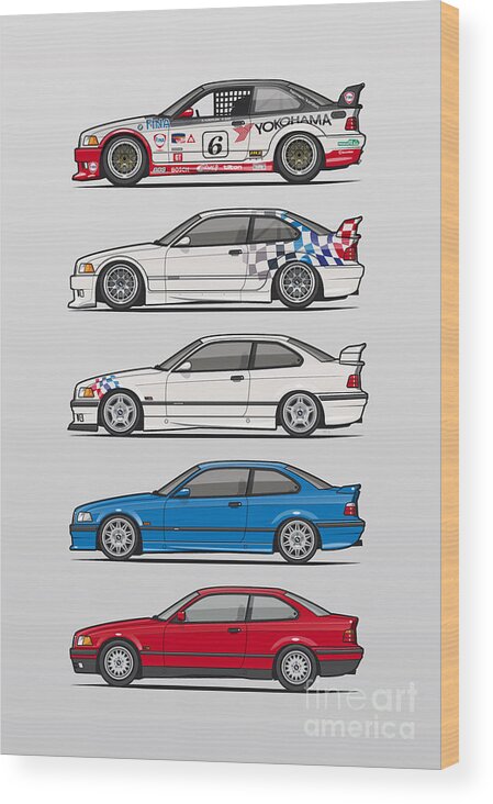 Car Wood Print featuring the digital art Stack of BMW 3 Series E36 Coupes by Tom Mayer II Monkey Crisis On Mars