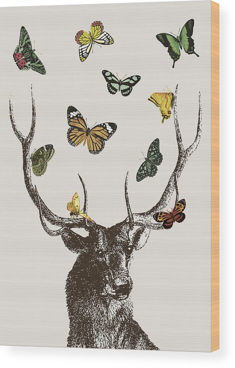 Stag And Butterflies Wood Print featuring the digital art Stag and Butterflies by Eclectic at Heart