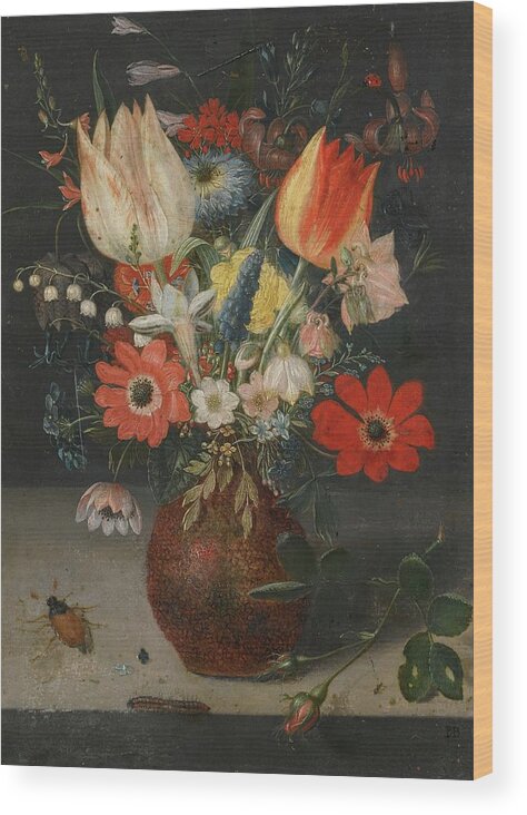 Peter Binoit Still Life Of Flowers In An Earthenware Vase On A Ledge Wood Print featuring the painting Still Life Of Flowers In An Earthenware Vase On A Ledge by MotionAge Designs