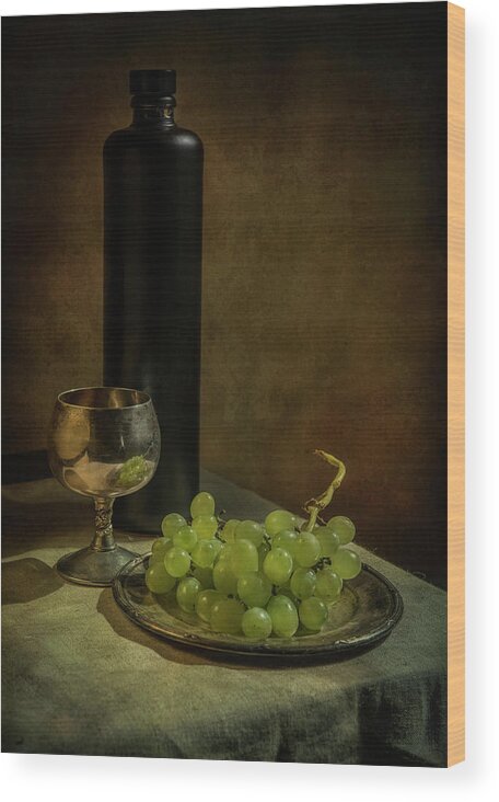 Still Life Wood Print featuring the photograph Still life with wine and green grapes by Jaroslaw Blaminsky