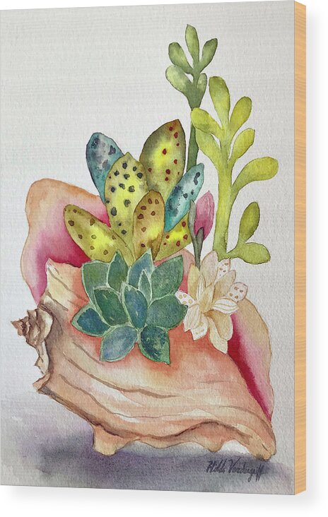 Succulents Wood Print featuring the painting Succulents in Shell by Hilda Vandergriff