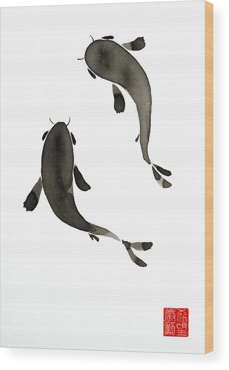Simple Wood Print featuring the painting Sumi-e - Koi - One by Lori Grimmett