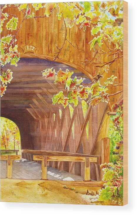 Covered Bridges Wood Print featuring the painting Sunday River Bridge by Karen Fleschler