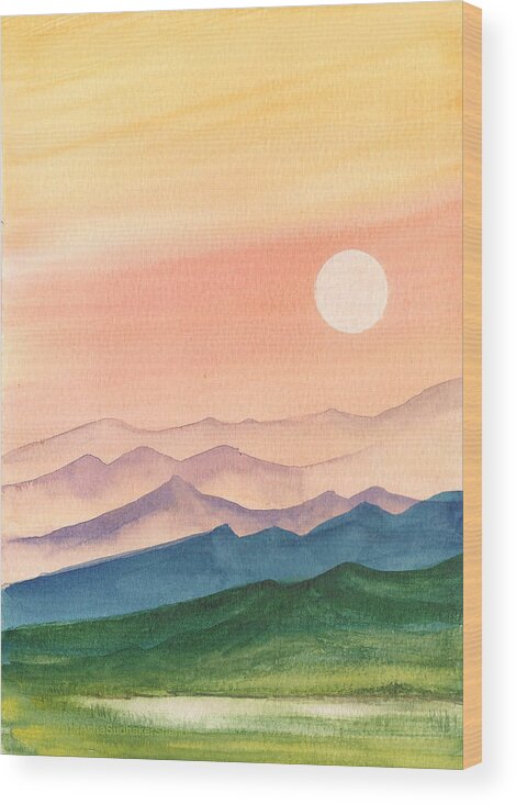 Sunflower Sunset Wood Print featuring the painting Sunset over the hills by Asha Sudhaker Shenoy
