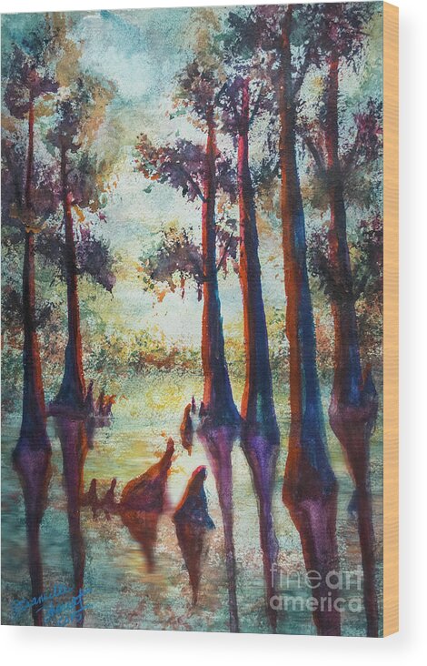 Landscape Wood Print featuring the painting SwampLight by Francelle Theriot