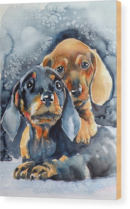 Dog Wood Print featuring the painting Sweet little dogs by Kovacs Anna Brigitta