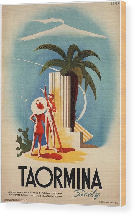Taormina Wood Print featuring the mixed media Taormina, Sicily, Italy - Couples - Retro travel Poster - Vintage Poster by Studio Grafiikka