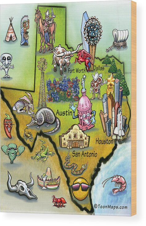 Texas Wood Print featuring the digital art Texas Cartoon Map by Kevin Middleton
