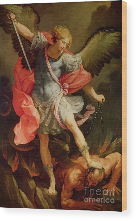 The Wood Print featuring the painting The Archangel Michael defeating Satan by Guido Reni