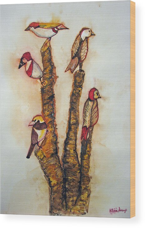 Birds Wood Print featuring the painting The Night Watchers by Patricia Arroyo