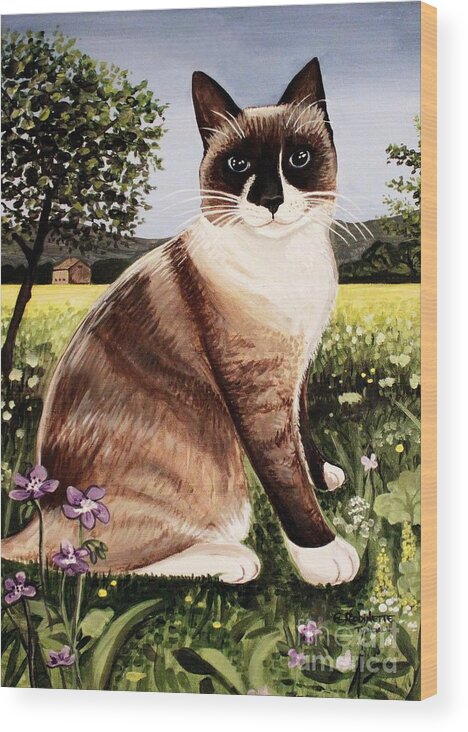 Pet Portrait Wood Print featuring the painting The Snowshoe Cat by Elizabeth Robinette Tyndall