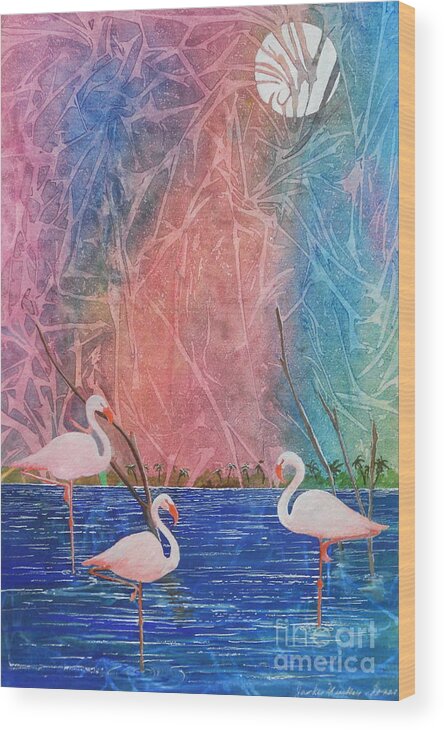 Flamingos Wood Print featuring the painting Three Pink Flamingos by Jackie Mueller-Jones