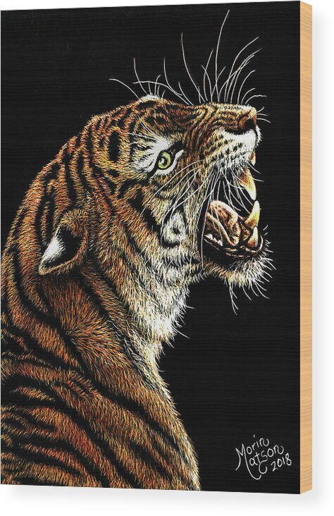 Tiger Wood Print featuring the drawing Tiger by Monique Morin Matson