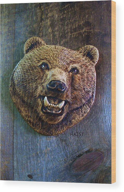 Bear Wood Print featuring the pyrography Together Again by Ron Haist