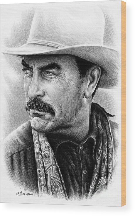 Tom Selleck Wood Print featuring the drawing Tom Selleck by Andrew Read