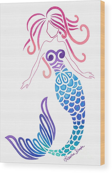 Tribal Wood Print featuring the drawing Tribal Mermaid by Heather Schaefer