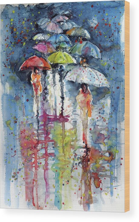 Umbrella Wood Print featuring the painting Umbrellas in rain by Kovacs Anna Brigitta