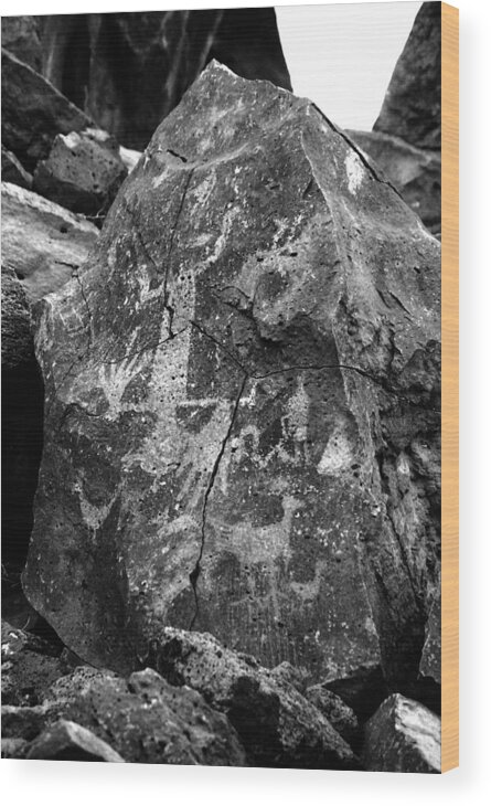 Petroglyphs Wood Print featuring the photograph Upside Down Man b/w by Glory Ann Penington