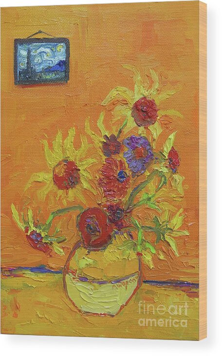 Van Gogh Starry Night Wood Print featuring the painting Van Gogh Starry Night Sunflowers Inspired Modern Impressionist by Patricia Awapara