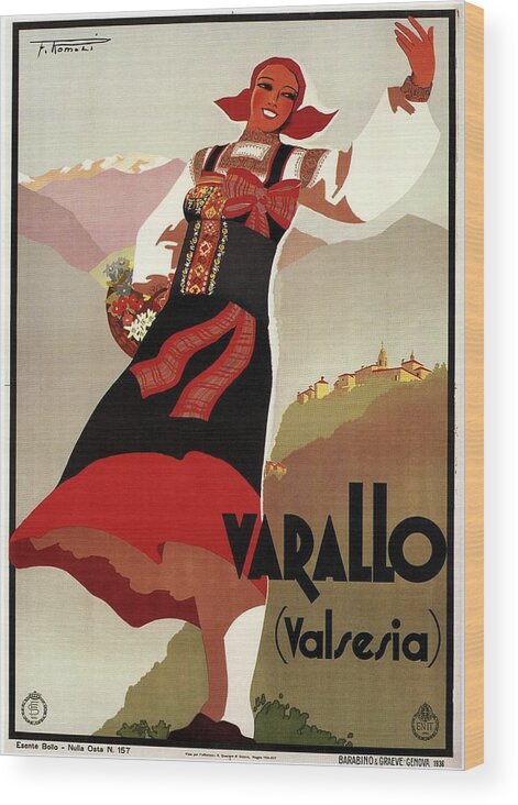 Varallo Wood Print featuring the mixed media Varallo, Valsesia, Italy - Woman in Traditional Dress - Retro travel Poster - Vintage Poster by Studio Grafiikka
