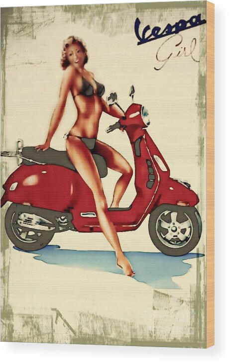 Vespa Wood Print featuring the digital art Vespa Girl - Vintage Poster by Ian Gledhill