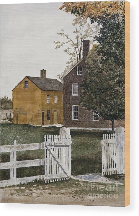 An Open Gate Beckons Come In On The Grounds Of The Pleasant Hill Shaker Village In Kentucky. Two Of The Shaker Buildings Are In The Background. Wood Print featuring the painting Village Gate by Monte Toon