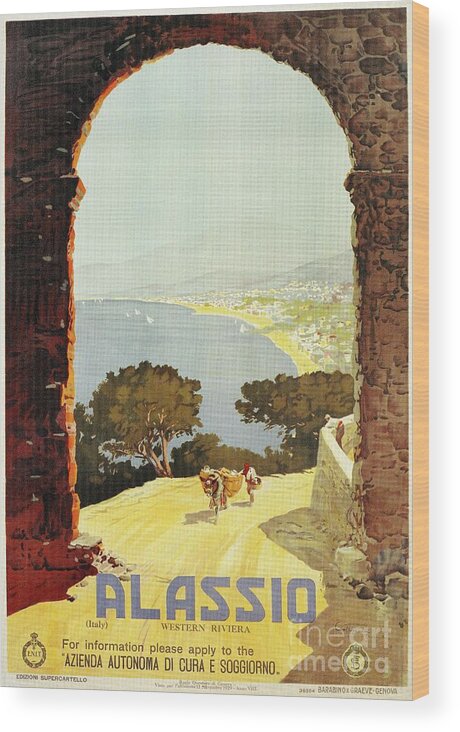 Retouched And Restored From A Vintage Travel Advertising Poster. Wood Print featuring the digital art Vintage 1920s Alassio Italian travel advertising by Heidi De Leeuw