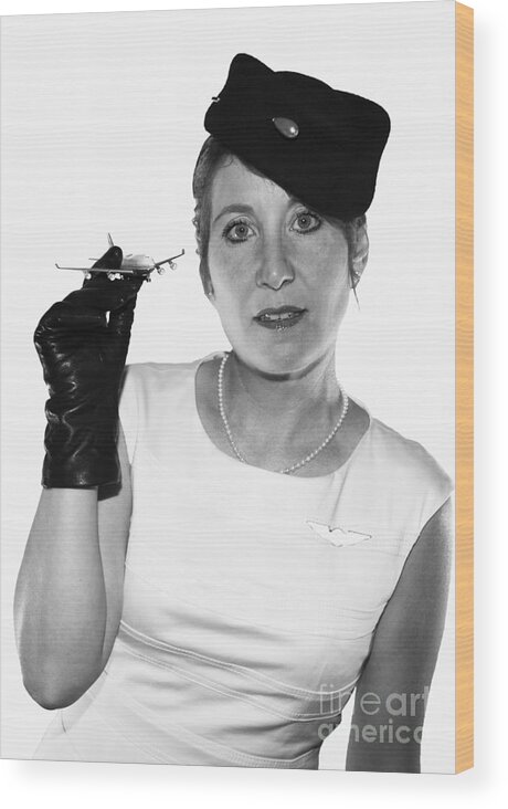 Vintage Wood Print featuring the photograph Vintage flight attendant in black and white by Karen Foley