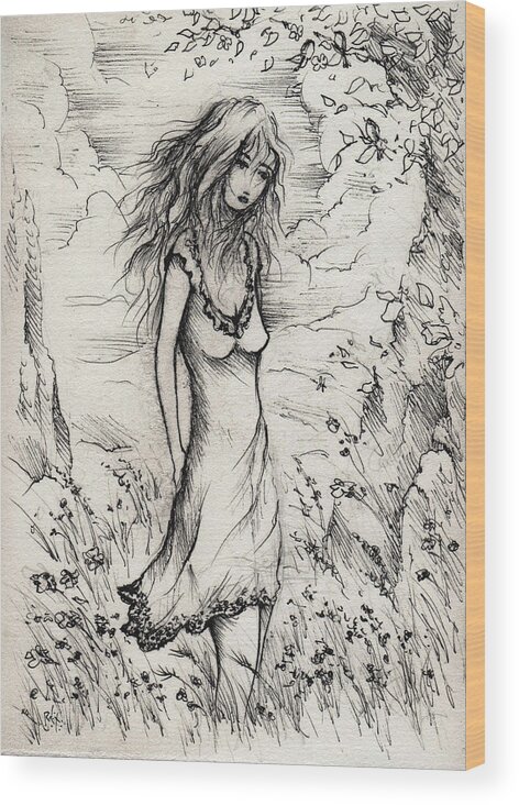 Woman Wood Print featuring the drawing Walk in the Whispers by William Russell Nowicki