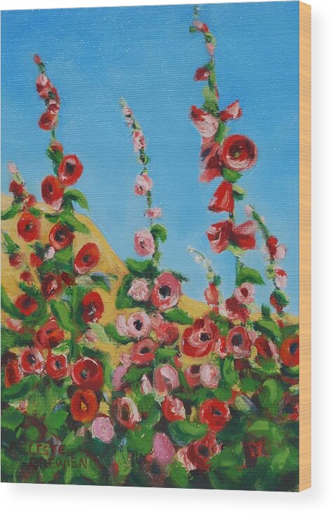 Hollyhock Wood Print featuring the painting Adobe Hollyhock Wallflowers by Celeste Drewien