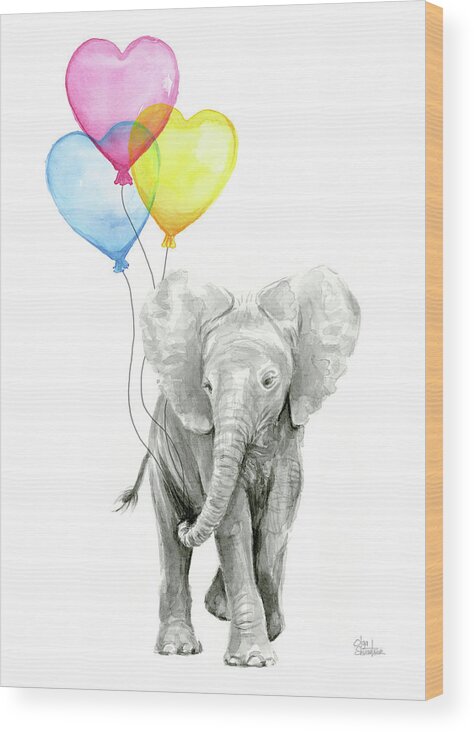 Elephant Wood Print featuring the painting Watercolor Elephant with Heart Shaped Balloons by Olga Shvartsur