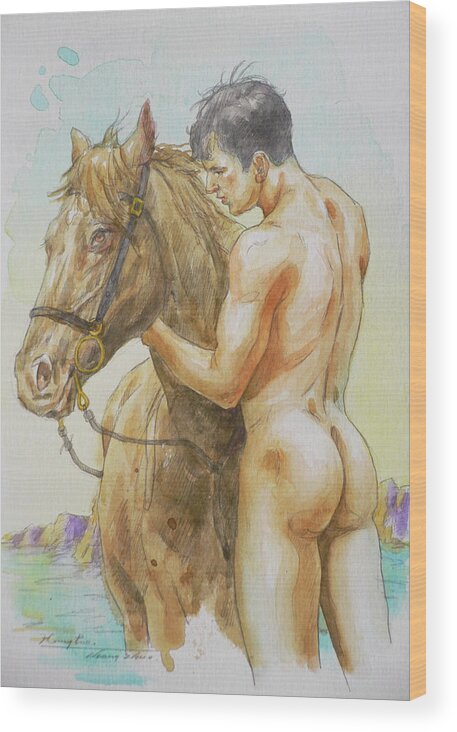 Male Nude Wood Print featuring the painting Watercolour Male Nude And Horse#18085 by Hongtao Huang