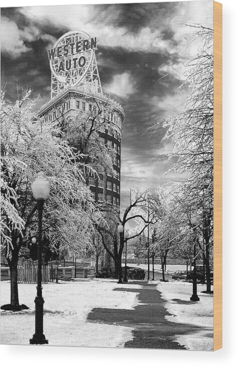 Western Auto Kansas City Wood Print featuring the photograph Western Auto In Winter by Steve Karol