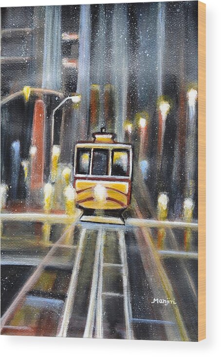 California Wood Print featuring the painting Wet Tram California by Manjiri Kanvinde