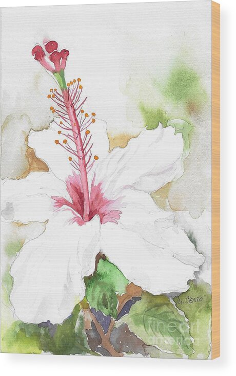 Flower Wood Print featuring the painting White Hibiscus by Mafalda Cento