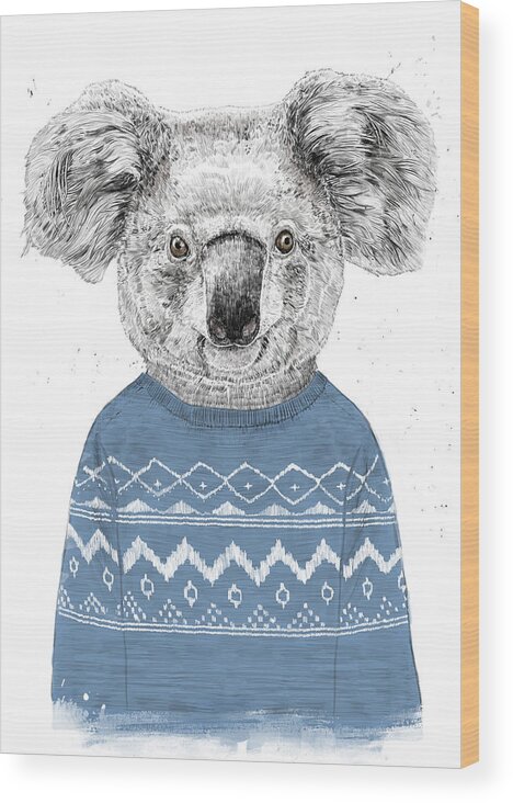 Koala Wood Print featuring the drawing Winter koala by Balazs Solti