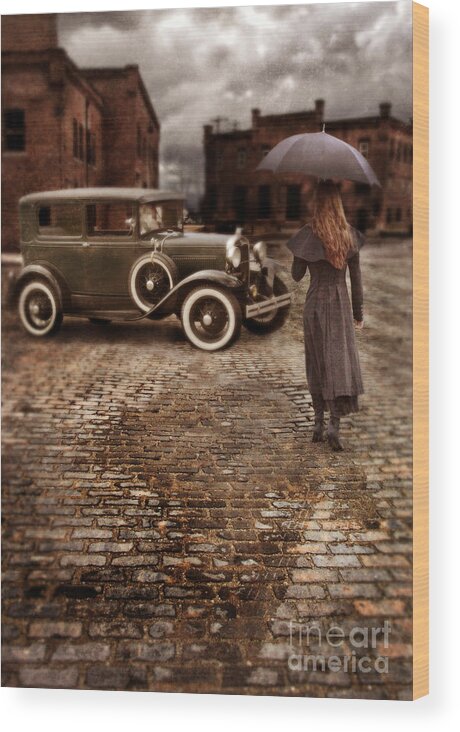 Woman Wood Print featuring the photograph Woman with Umbrella by Vintage Car by Jill Battaglia