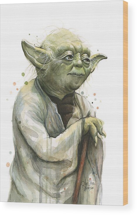 Yoda Wood Print featuring the painting Yoda Watercolor by Olga Shvartsur