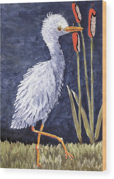 Egret Wood Print featuring the painting Young Egret Takes a Walk by Suzanne Theis
