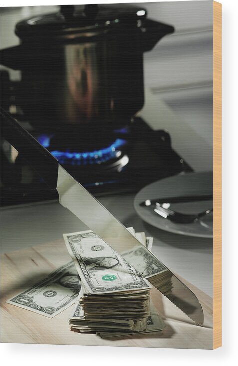 Problems Wood Print featuring the photograph Dollar Bills In Frying Pan On Stove #1 by Walter Zerla