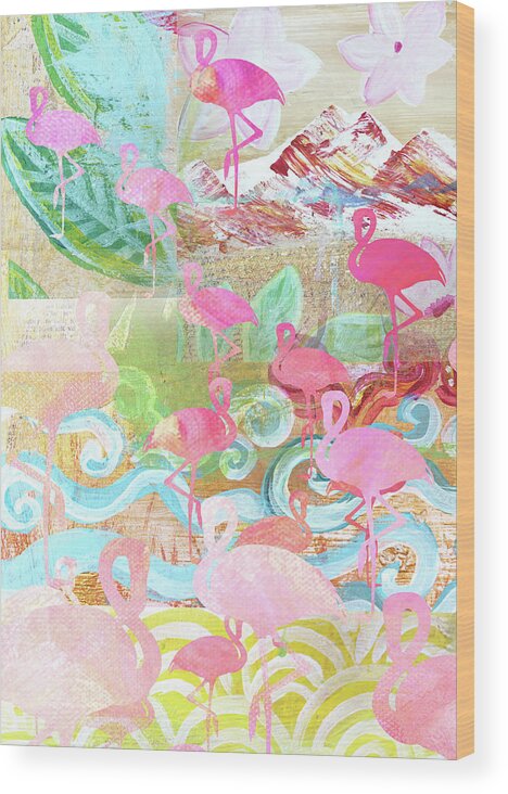 Flamingo Collage Wood Print featuring the mixed media Flamingo Collage by Claudia Schoen