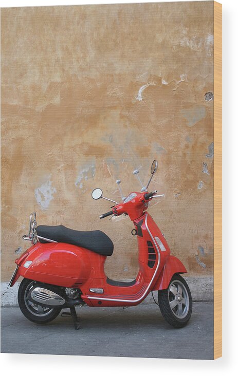 Cool Attitude Wood Print featuring the photograph Red Scooter And Roman Wall, Rome Italy #1 by Romaoslo