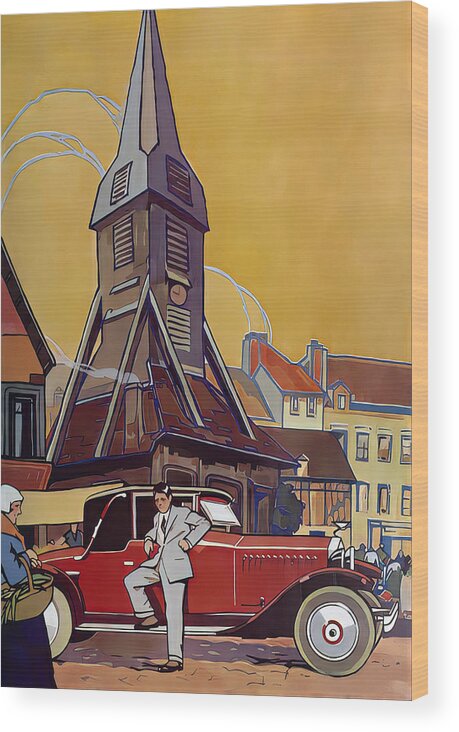 Vintage Wood Print featuring the mixed media 1927 Coupe With Gentlemen In Rural Town Setting Original French Art Deco Illustration by Retrographs