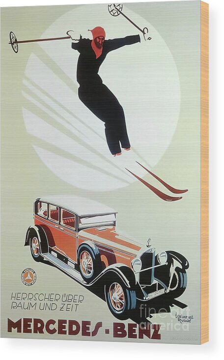 Vintage Wood Print featuring the mixed media 1927 Mercedes Benz Advertisement With Skier by Retrographs