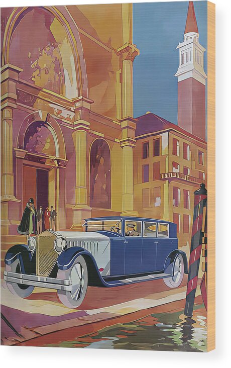 Vintage Wood Print featuring the mixed media 1927 Minerva Limousine With Driver And Guests Town Setting Original French Art Deco Illustration by Retrographs