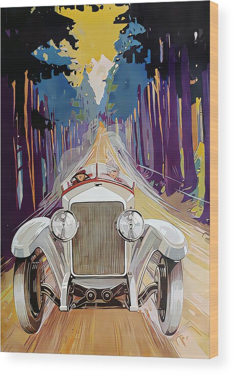 Vintage Wood Print featuring the mixed media 1927 Voison With Couple In Mountain Setting Original French Art Deco Illustration by Retrographs