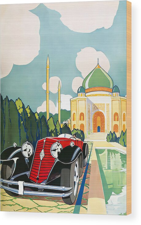 Vintage Wood Print featuring the mixed media 1930 Renault Sports Skiff Touring Car Eastern Poolside Setting Original French Art Deco Illustration by Retrographs