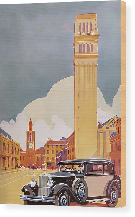 Vintage Wood Print featuring the mixed media 1932 Vehicle In City Square Original French Art Deco Illustration by Retrographs