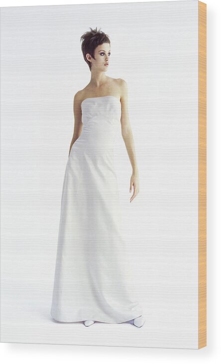 Fashion Wood Print featuring the photograph Trish Goff Wearing A White Dress #2 by Arthur Elgort
