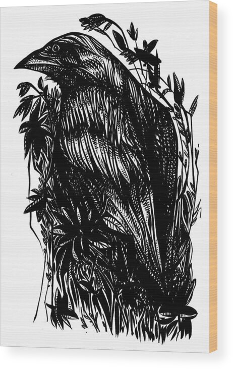 Raven Wood Print featuring the drawing Wild #4 by Enrique Zaldivar